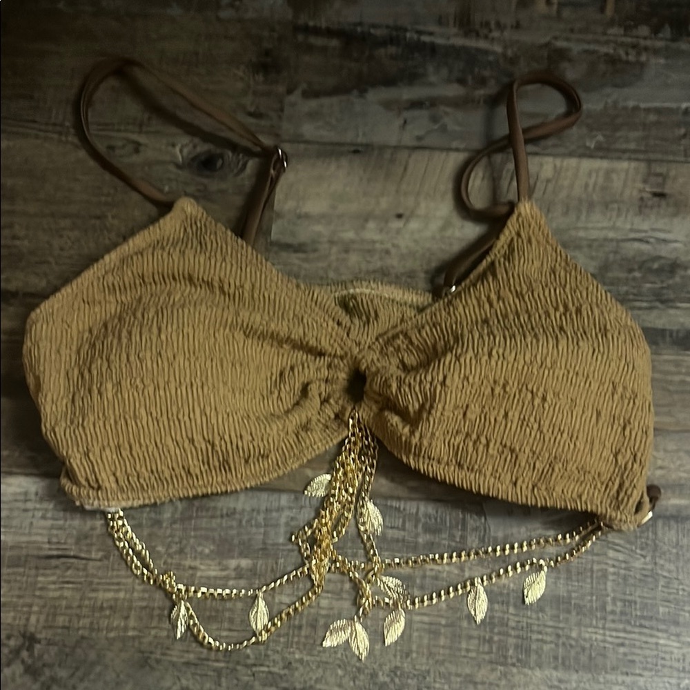 Brown Ruched Women's Top with Gold Chain Detail